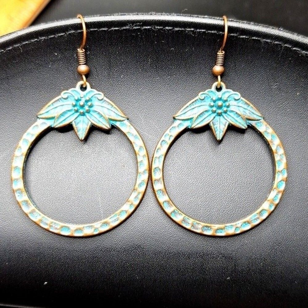 Boho Bronze drop circle flower Earrings with Turquoise Accents
